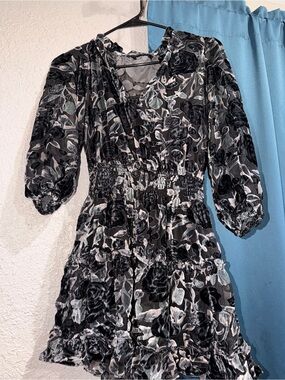 O.P.T Black Floral Smocked-Waist Long Sleeve Mini Dress